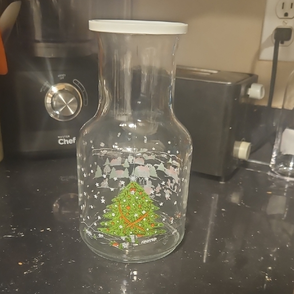 Vintage Christmas Tree Glass Carafe with White Lid